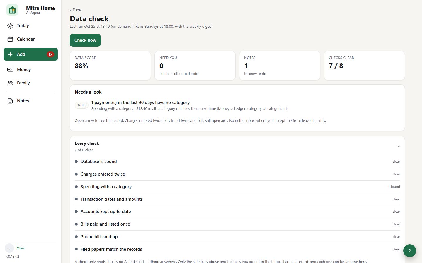 The Data check page: a data score, the findings and the list of checks.