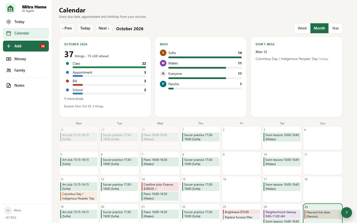 The Calendar month view with a glance card and coloured items per day.