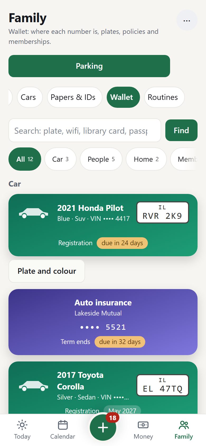 The Wallet on a phone: a car card with its plate, insurance, IDs and membership cards.